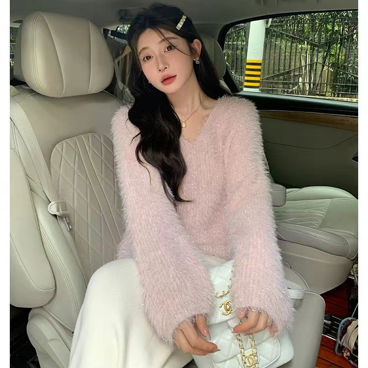 Soft Fluffy Sweater - Multi-Color Options Korean Style Simple V-neck Knitted Pullover Top