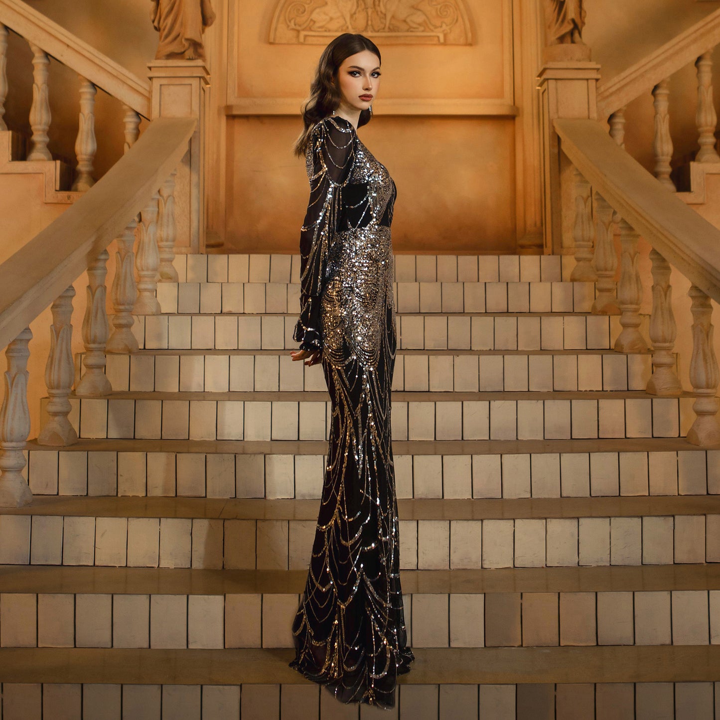 Long Sleeve Round Neck Slim-fit Sheath Sequined Banquet Fishtail Evening Dress For Women's