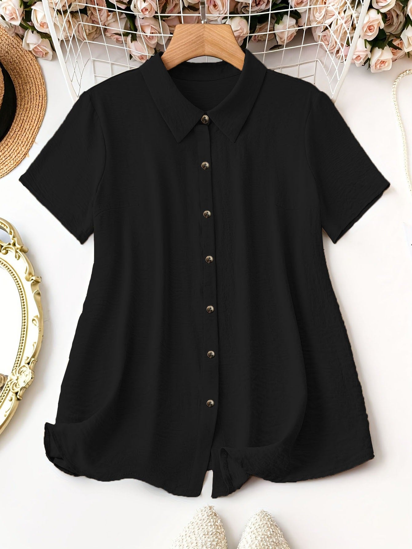 Collared Button-Down Shirt - Summer Vacation Casual Short-Sleeve Top For Outings