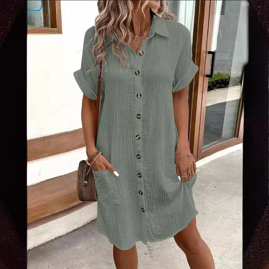 Summer Short Sleeve Shirt Dress Fashion Solid Color Single-breasted Mid-length Loose Dress For Women's