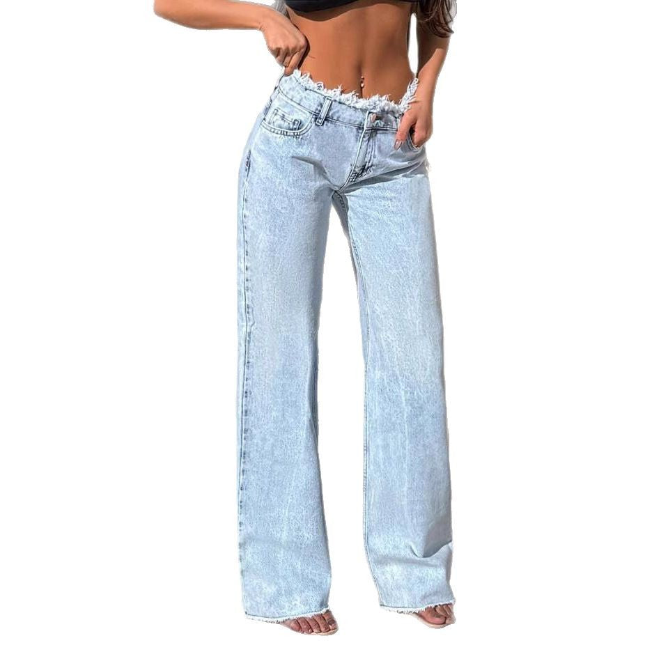 Raw Hem Jeans Women's High Waist Slimming Draping Baggy Pants Wide Leg Pants