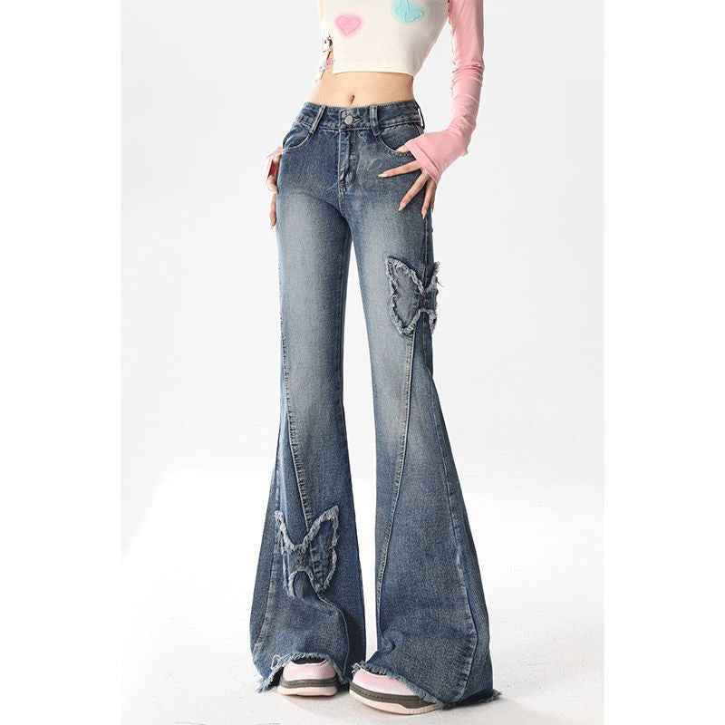 Butterfly Bliss – Flared Denim with Y2K Edge American Retro Butterfly Embroidery Slightly Flared Jeans Women