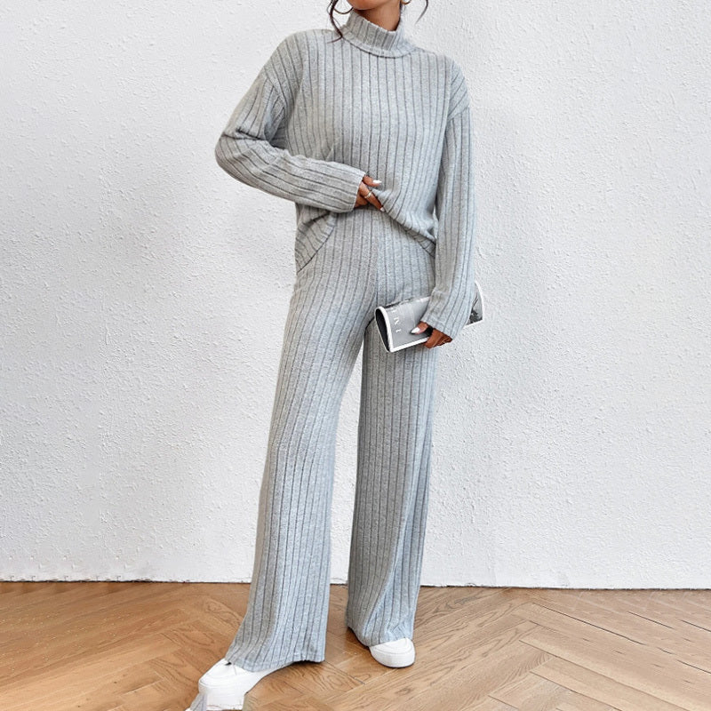 Solid Color 2-Piece Set High Neck Long Sleeve Top & Pants, Striped Loungewear