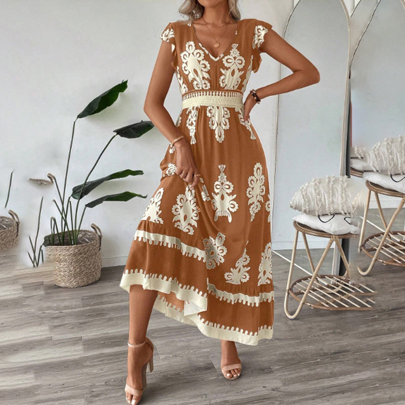 Summer Flowy Maxi Dress Casual Cap Sleeve V Neck Smocked Waist Beach Sundress