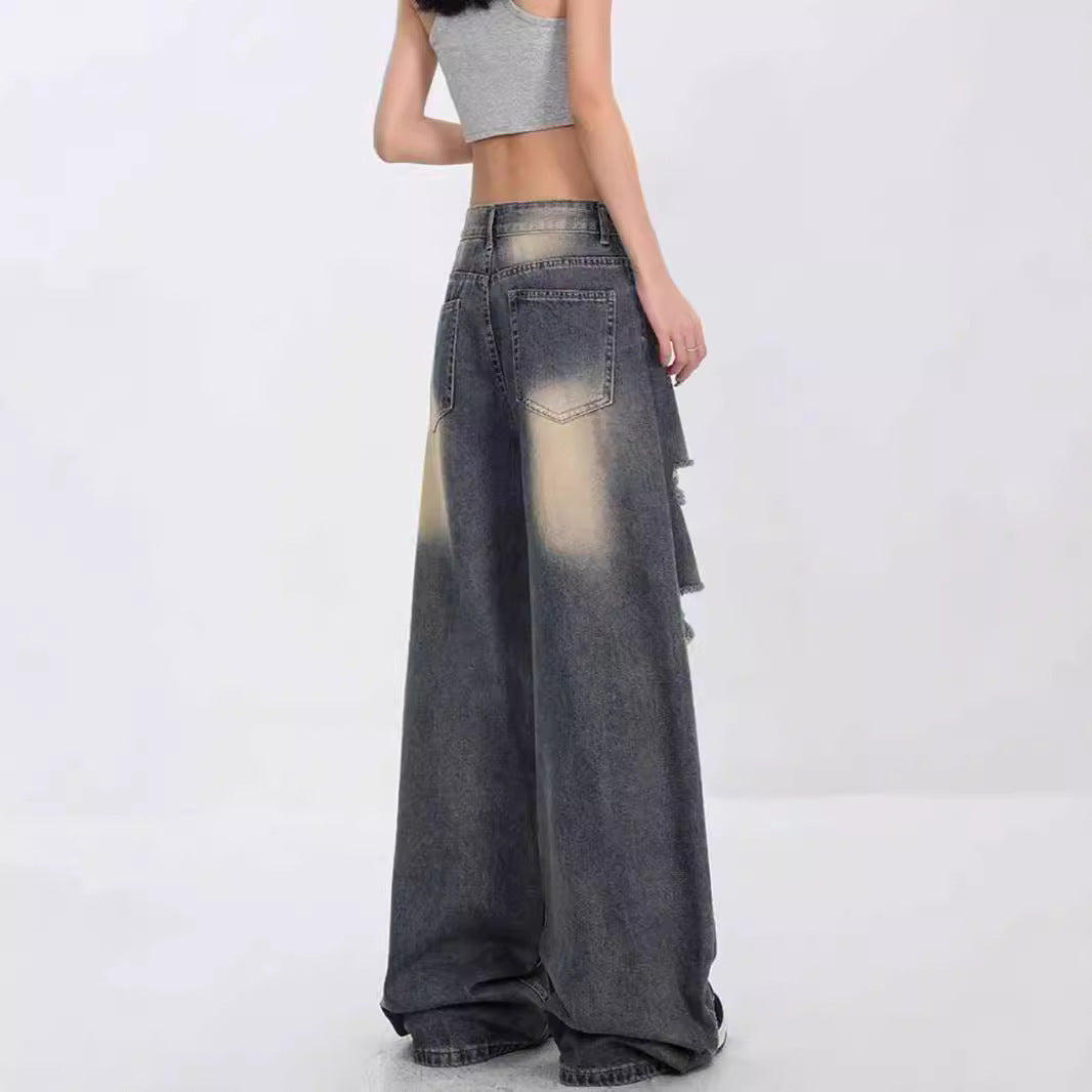 Star Patch Ripped Wide-Leg Jeans – Y2K Grunge Aesthetic Denim for Women High Street Loose American Retro XINGX Ripped Jeans For Women