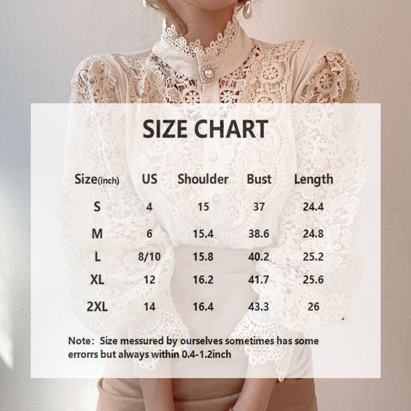 Elegant Women's Vintage Pearl Button Lace Blouse - Puff Sleeve Semi-Sheer Ruffled Stand Collar Shirt Spring&Summer Office & Vacation Top