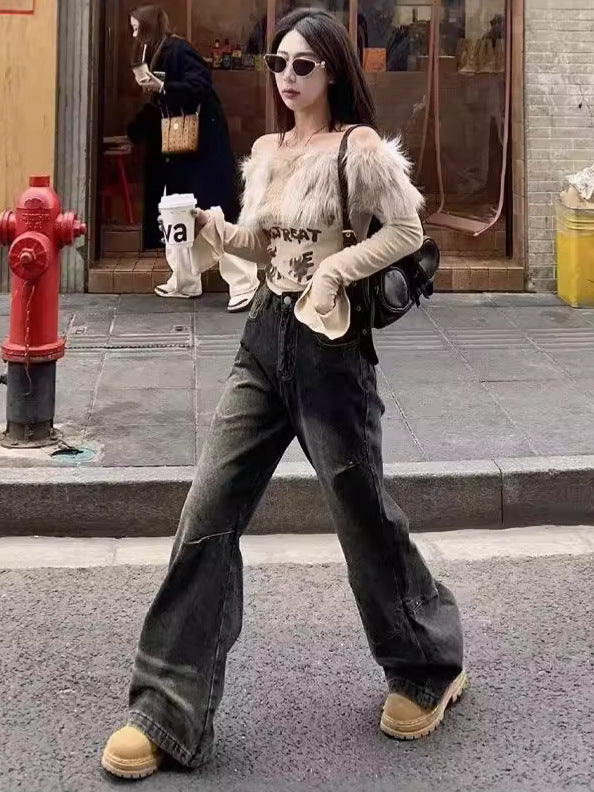 American-style Retro Washed Gradient Wide-leg All-matching Casual Straight-leg Mop Jeans