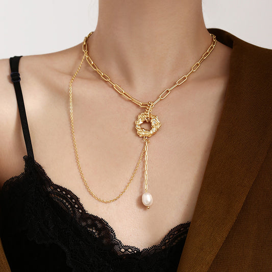 Vintage Baroque Pearl Pendant Necklace – Dual Chain Design New Trend Clavicle Chain Women