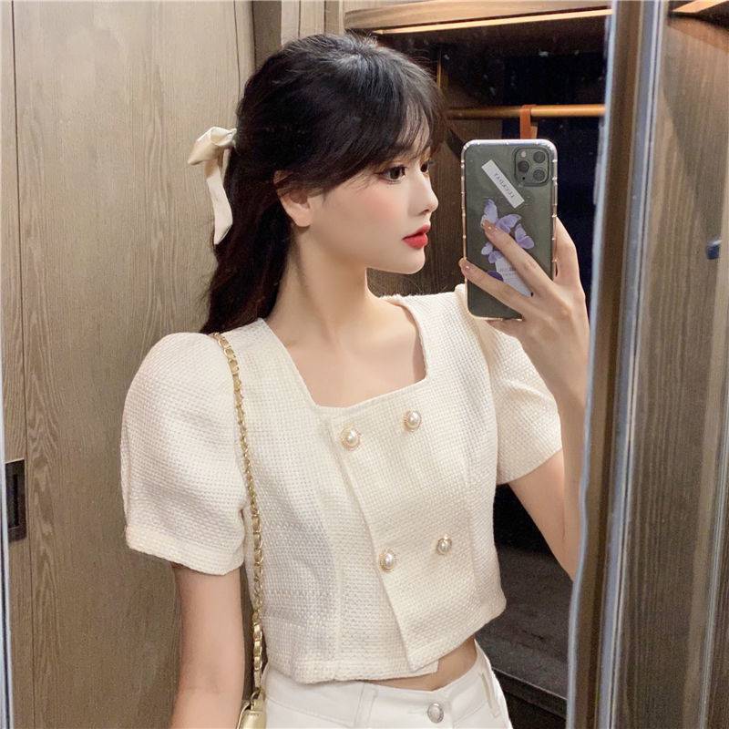 Sweet & Stylish Puff Sleeve Button Detail Top Women's French Temperament Thin Short Top