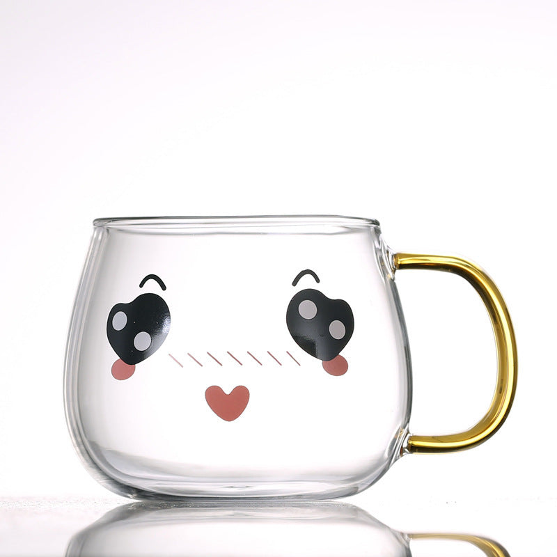 Cute Kawaii Emoji Glass Mug with Gold Handle Cute Glass Expression Coffee Cup Mug