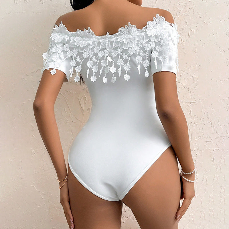 Sexy Ruffled Lace Detail Off-Shoulder One Piece Women's Off Shoulder Short Sleeve Bodysuit Sexy Lace Bodycon Top