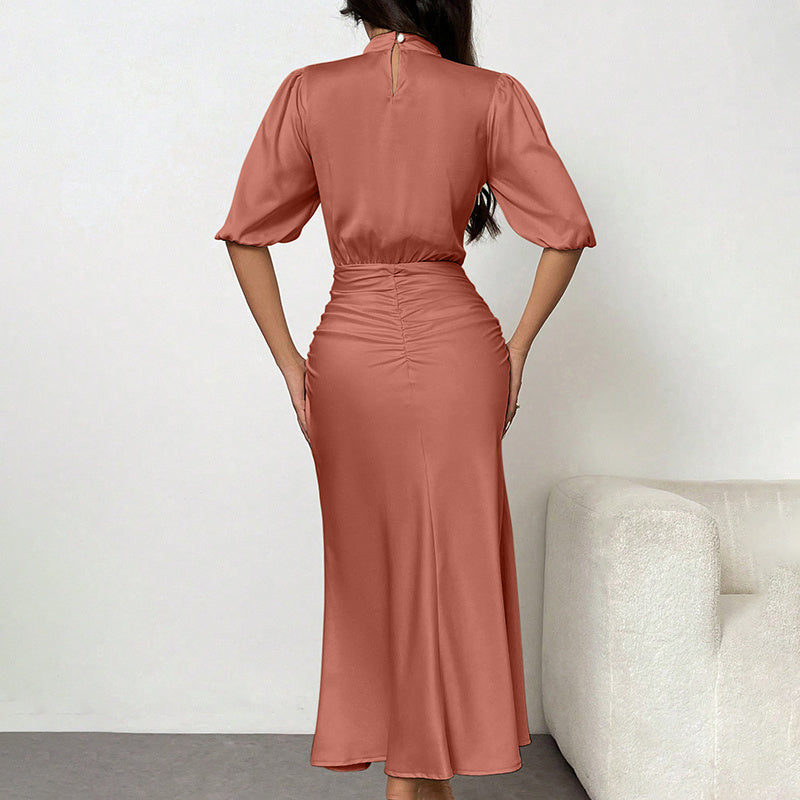 Short Sleeve Mock Neck Ruched Midi Dress Slim Fit Elegant Party Dress Women's