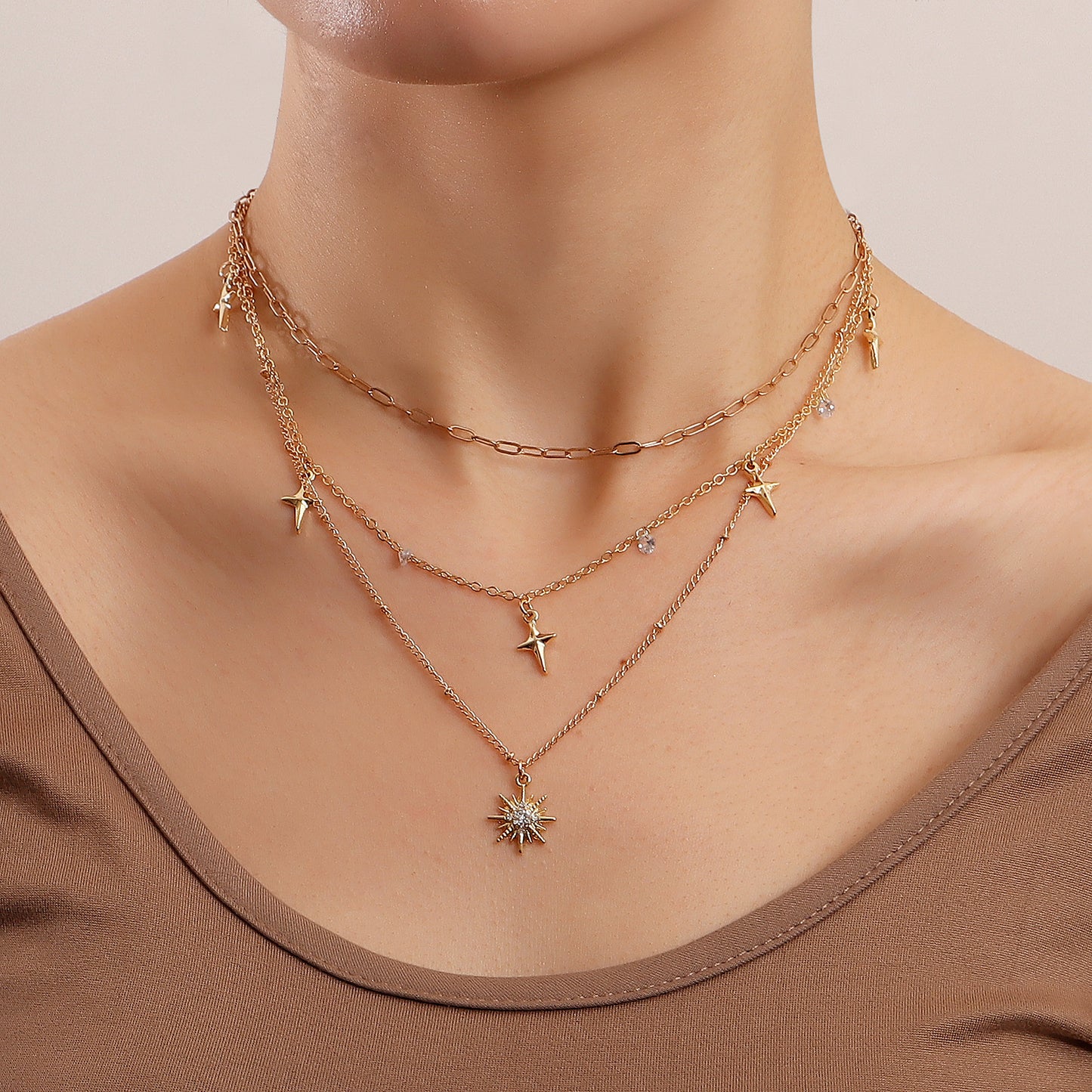 Fashion Gold-plated Double Crystal Pendant Necklace