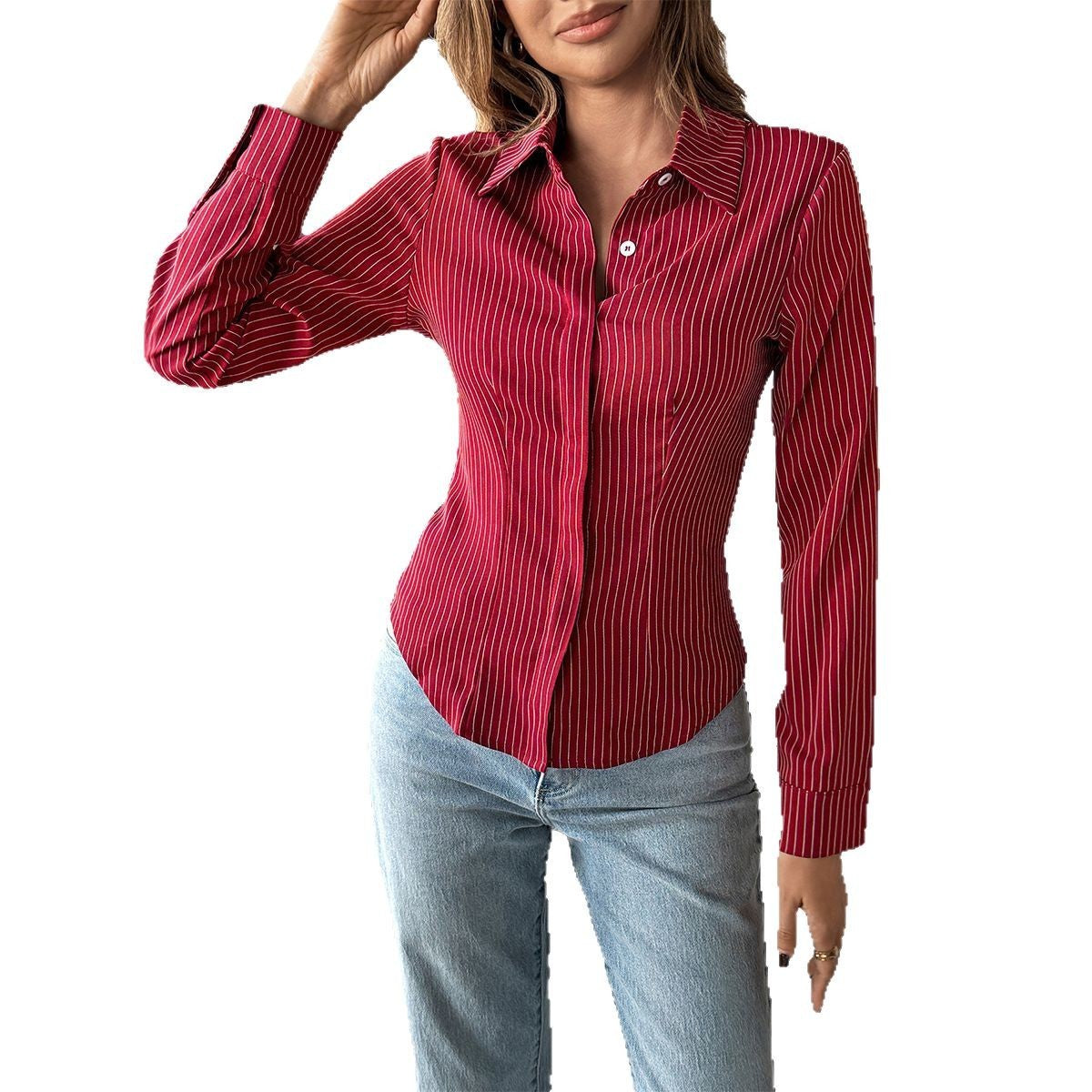 Holiday Casual Style Polo Collar Stripes Shirt Women's Clothing