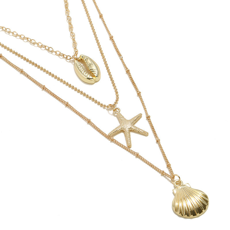 Bohemian Beach Theme Multi-Layer Necklace Popular Accessories Alloy Starfish Scallop Shell Necklace For Women