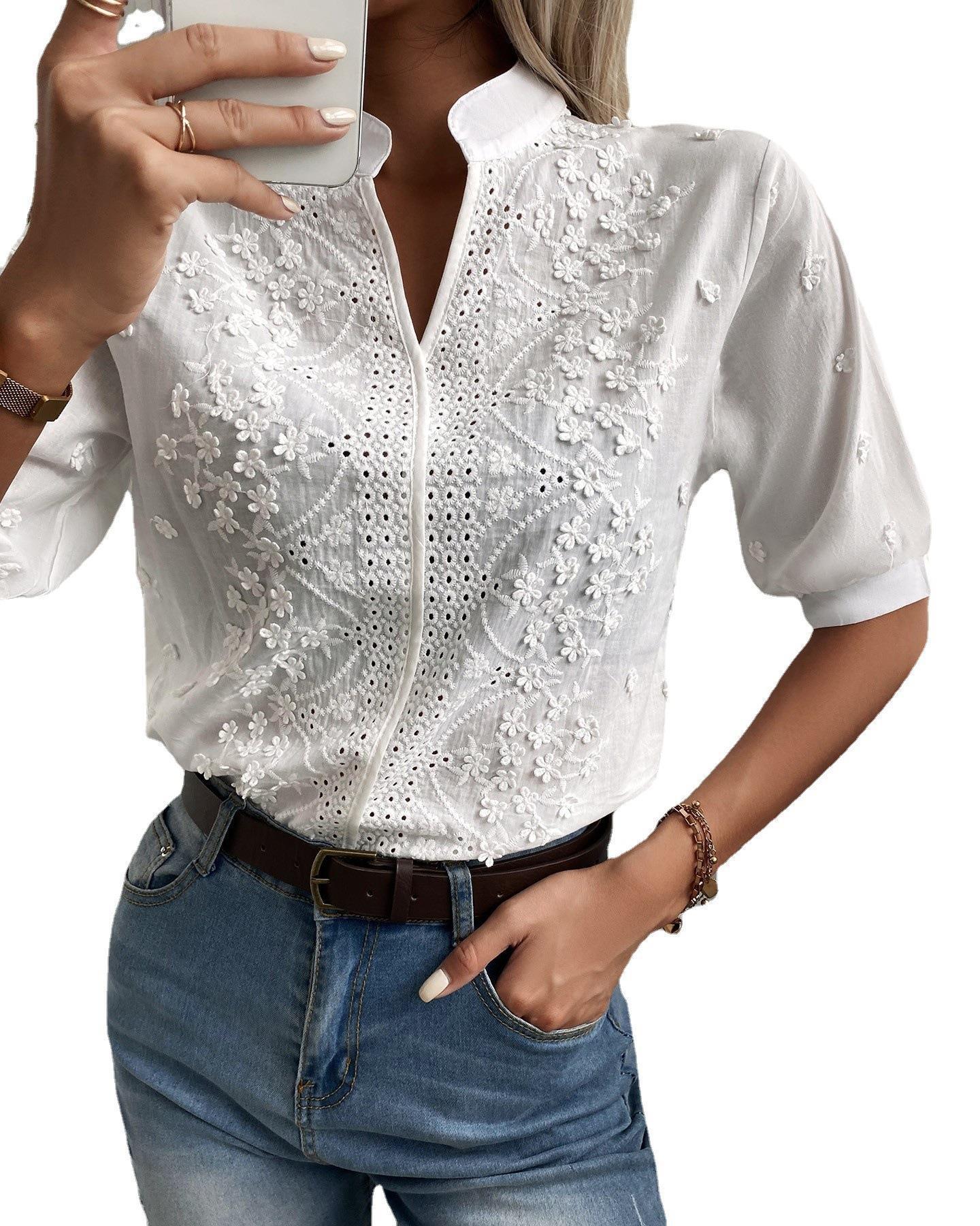 Fashion V-neck Stand Collar Embroidery Lace Blouse Shirt For Women's