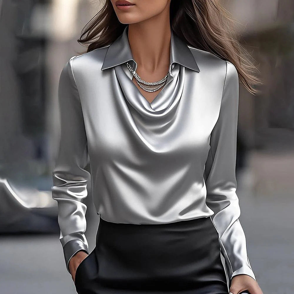 Swing Collar Draped Shirts & Blouses Elegant Solid Satin Office Ladies Top Pullover Spring Long Sleeve Casual Tops