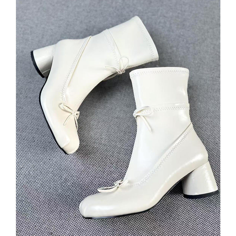 Ballet Style White High-heeled Round Head Thin Boots