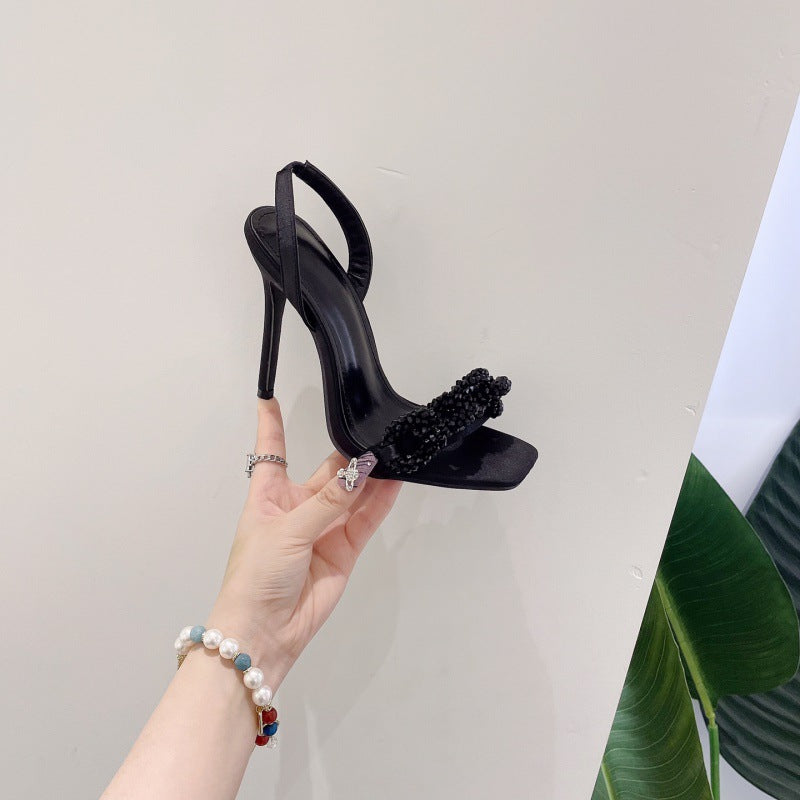 Crystal Beads Chain Pointed Stiletto Heel High Heel Sandals