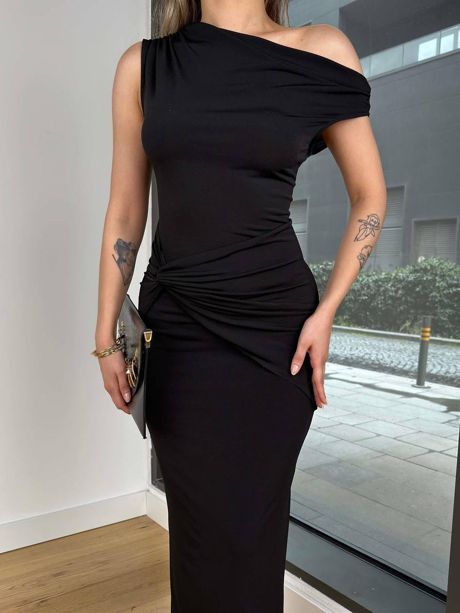 Luxurious Sexy Black Off-shoulder Twist Bodycon Dress For Women's