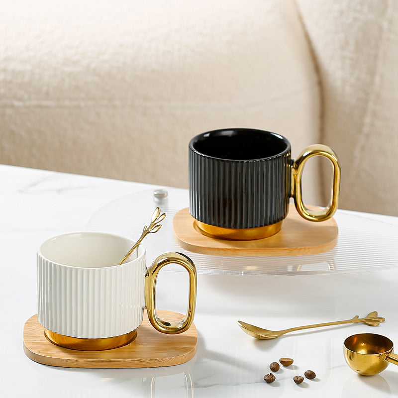 Ribbed Ceramic Coffee Mug with Wooden Saucer & Gold Spoon Set Ceramic Mug Household Afternoon Tea Coffee Cup