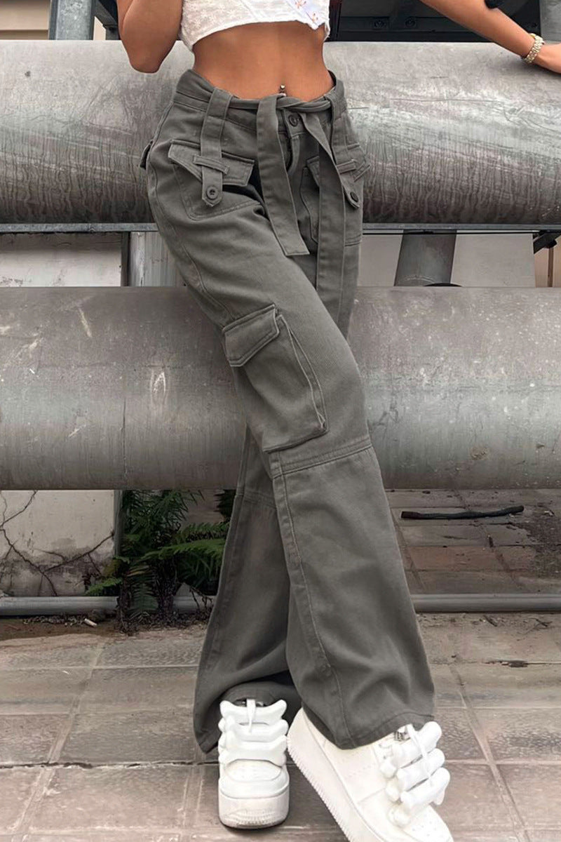Tactical Chic – Where Street Meets Utility Vintage Multi Pocket Belt Casual Workwear Jeans Women