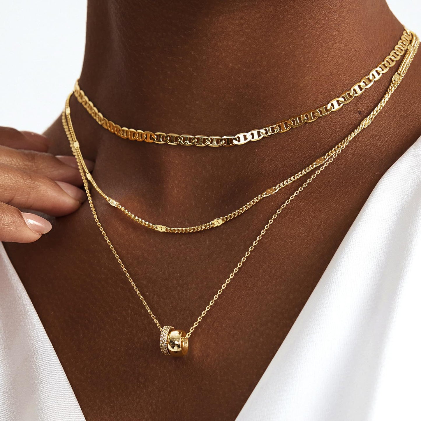 3-Piece Layered Gold Chain Necklace Set – Minimalist Cuban, Rope & Pendant Design Necklace Zircon-laid Necklace For Women's