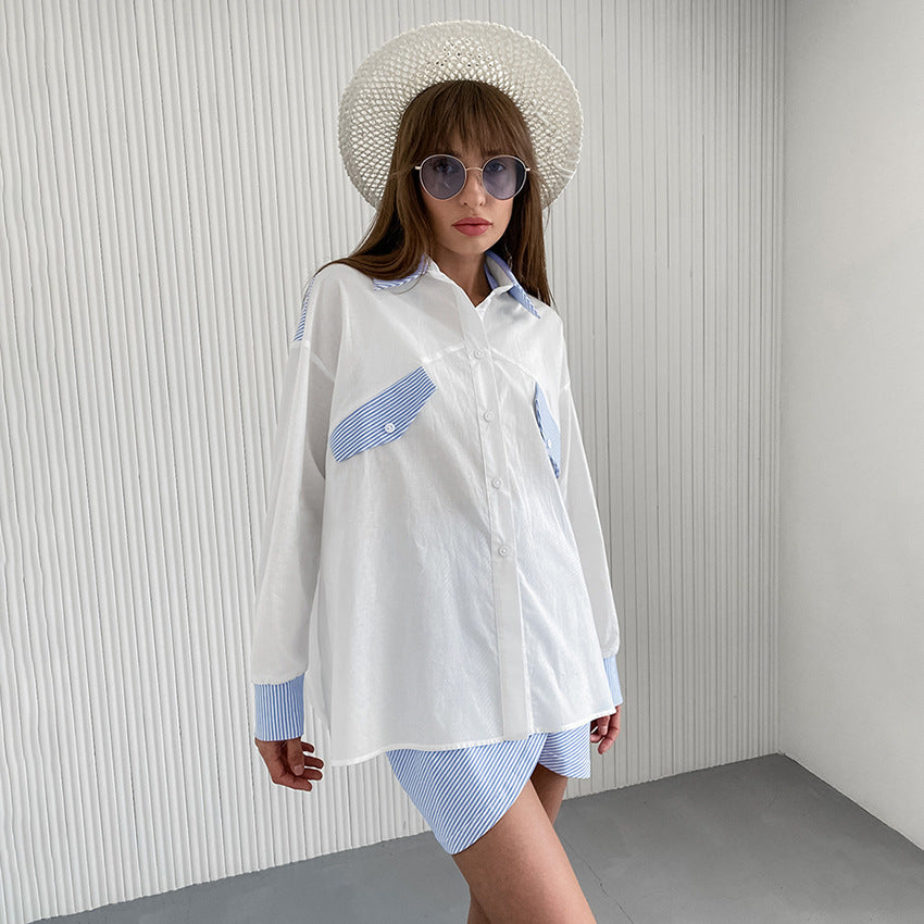 Blue And White Striped Stitching Shirt For Women Loose Outfit