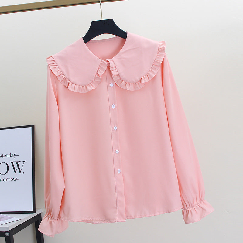Adorable Ruffled Collar Blouse - Pink & White Loose Korean Style Doll Collar Top Coat