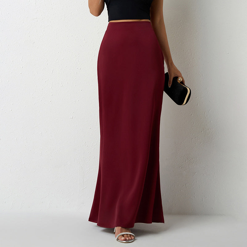 Elegant Satin High Waist Flared Midi Skirt Cocktail Party Wedding Long Skirt