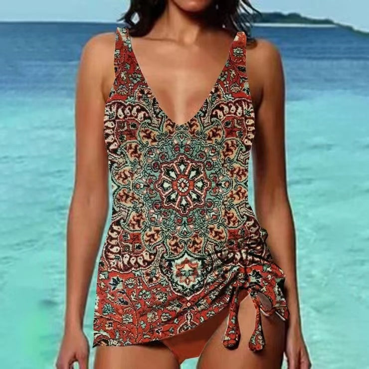 Tropical Escape Tankini & Swim Dress Set – Flowy Fit, Built-In Support, & Beach-Ready Style Bikini Beach Print Suspender Swimsuit Suit