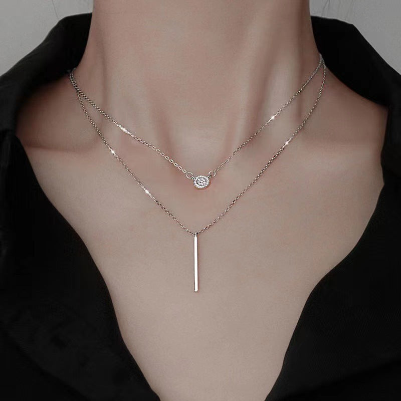 Multi-Layered Silver Tone Dainty Necklace with Bar & Round Pendants Silver Color Double Chain Long Stick Micro Pave Zircon Round Pendant Necklaces For Women Trendy Jewelry