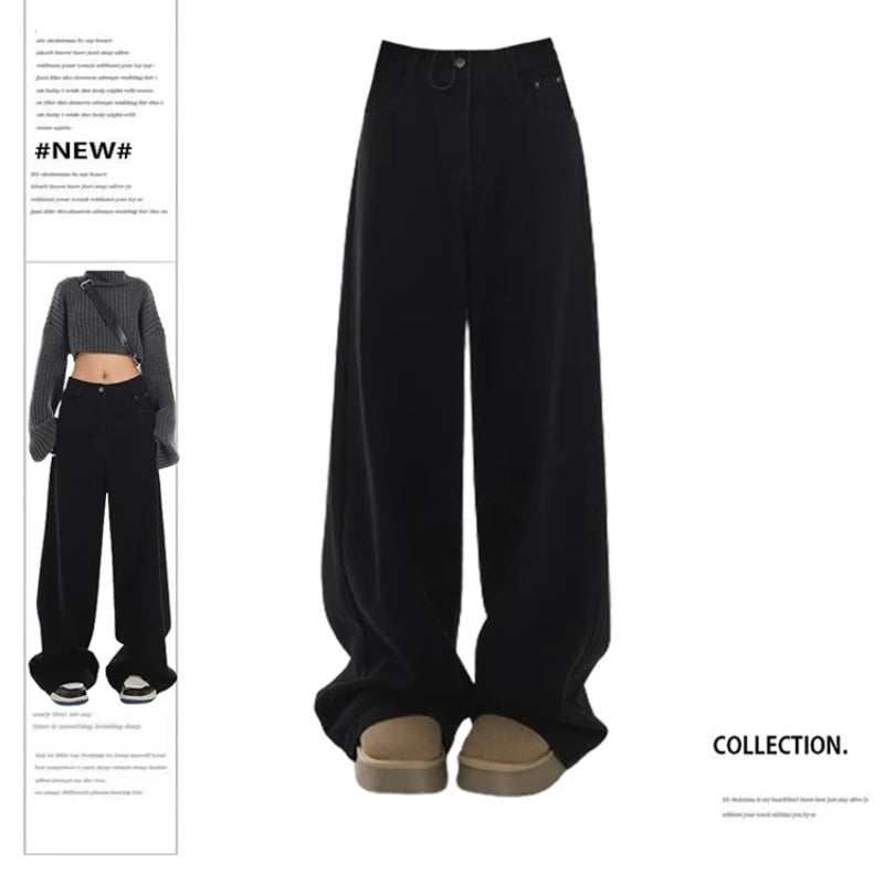 Essential Black Wide-Leg Pants – Minimal Streetwear Staple Summer Black Straight Casual Jeans For Women