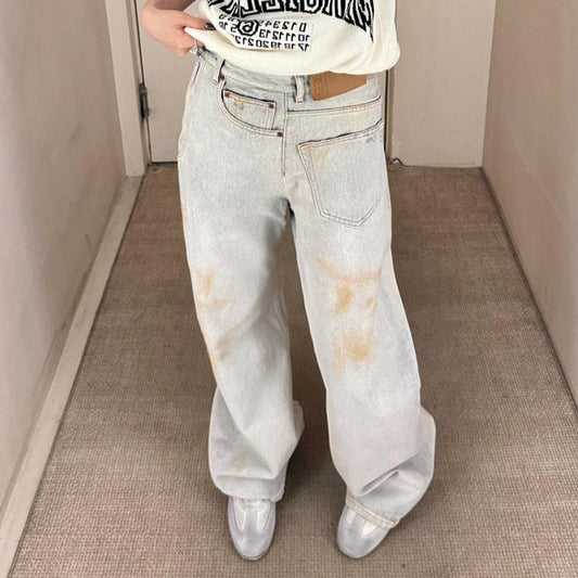 Washed Out & Worn In – Street-Ready Slouch Jeans American Retro Plus Size Stitching Jeans For Women