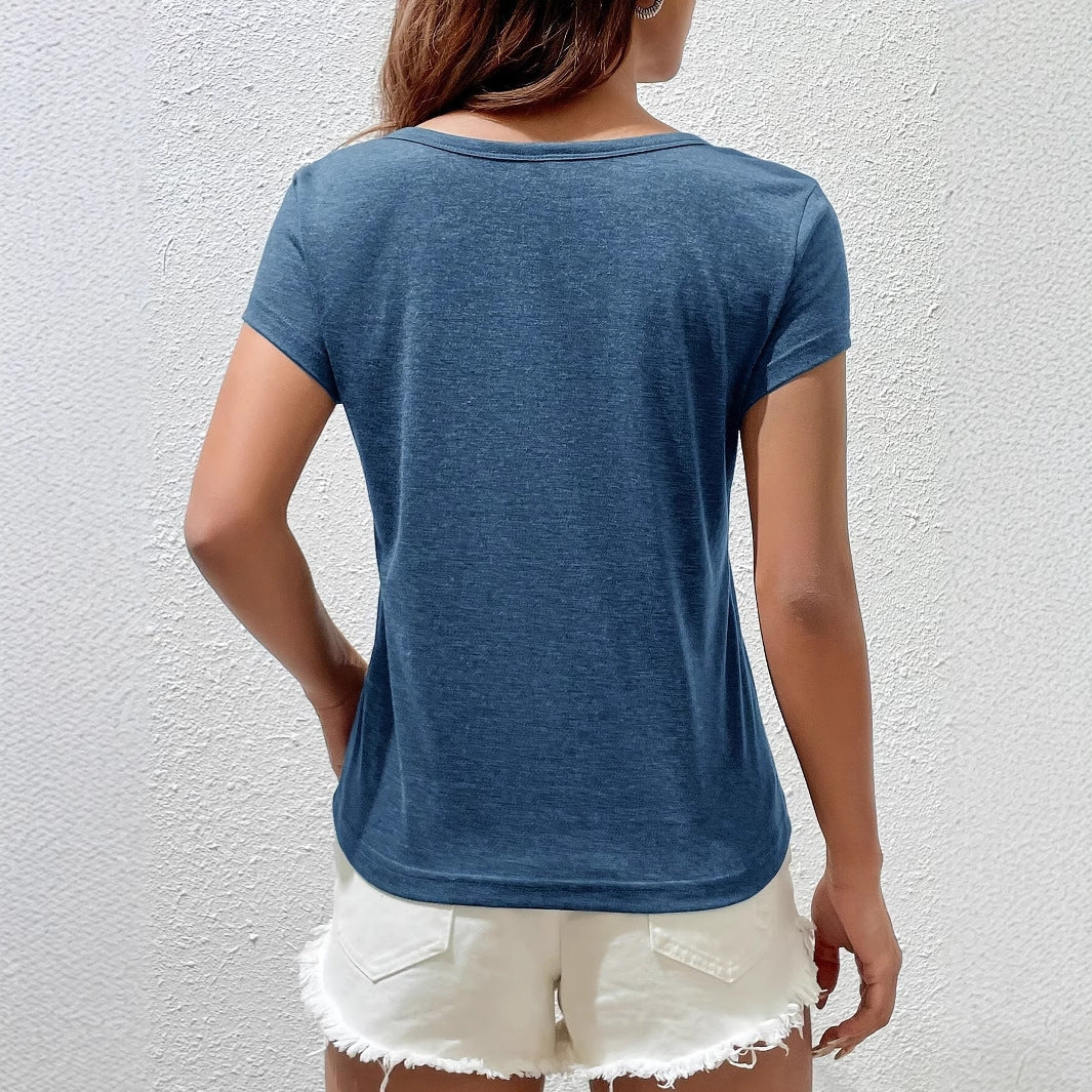 Solid Color Notched V-neck Short Sleeve Top Summer Loose Knit T-shirt Top