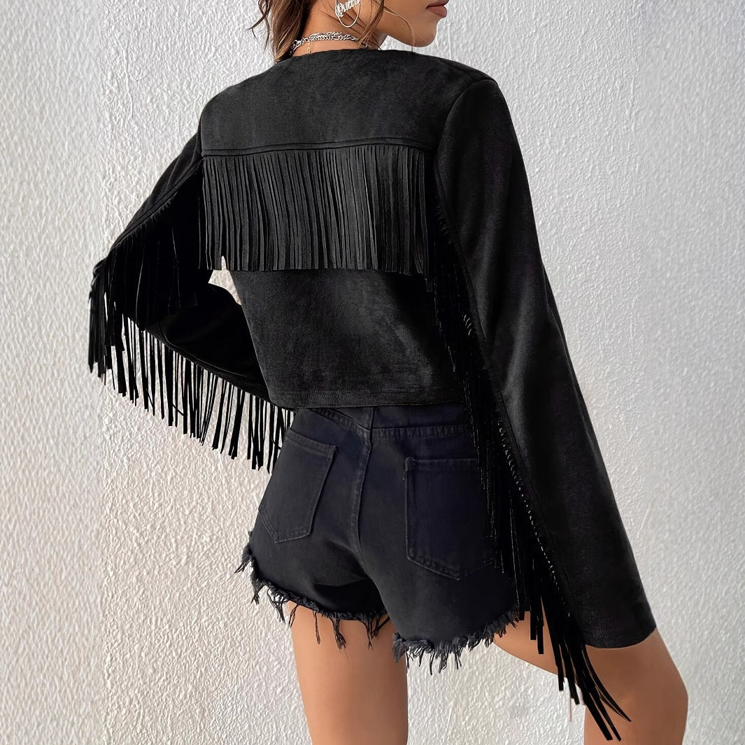 Fashion Solid Color Tassel Rivet Design Front Open Short Jacket