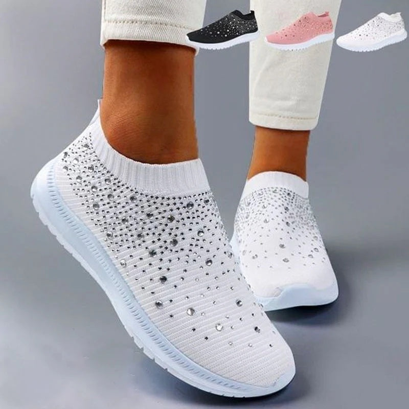 Sparkling Rhinestone Slip-On Sneakers Rhinestone Flyknit Sneakers