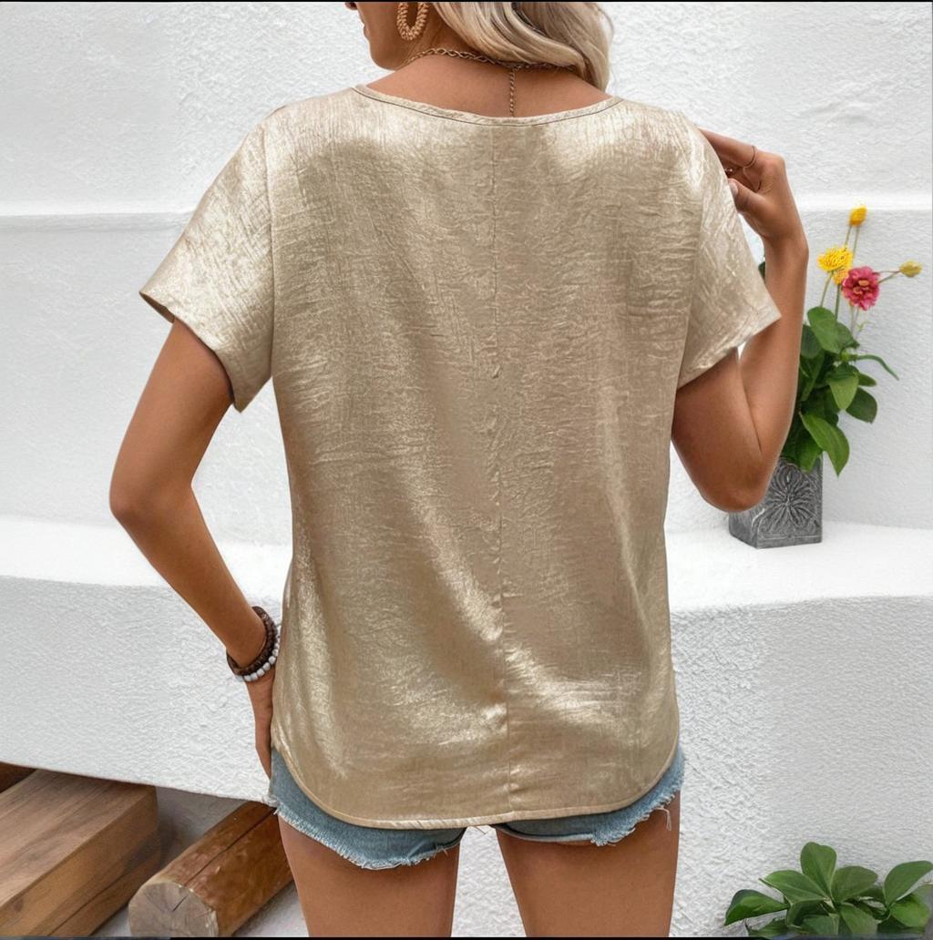 Cowl Neck Short Sleeve Top, Solid Color Loose Fit Summer Office Casual Shirt