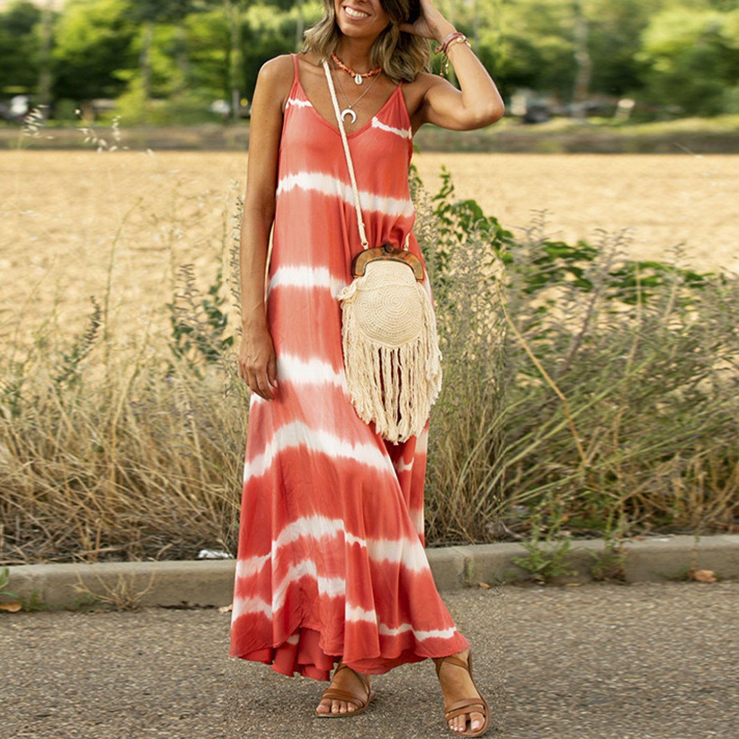 Printed Striped Plus Size Maxi Loose Dress For Women's