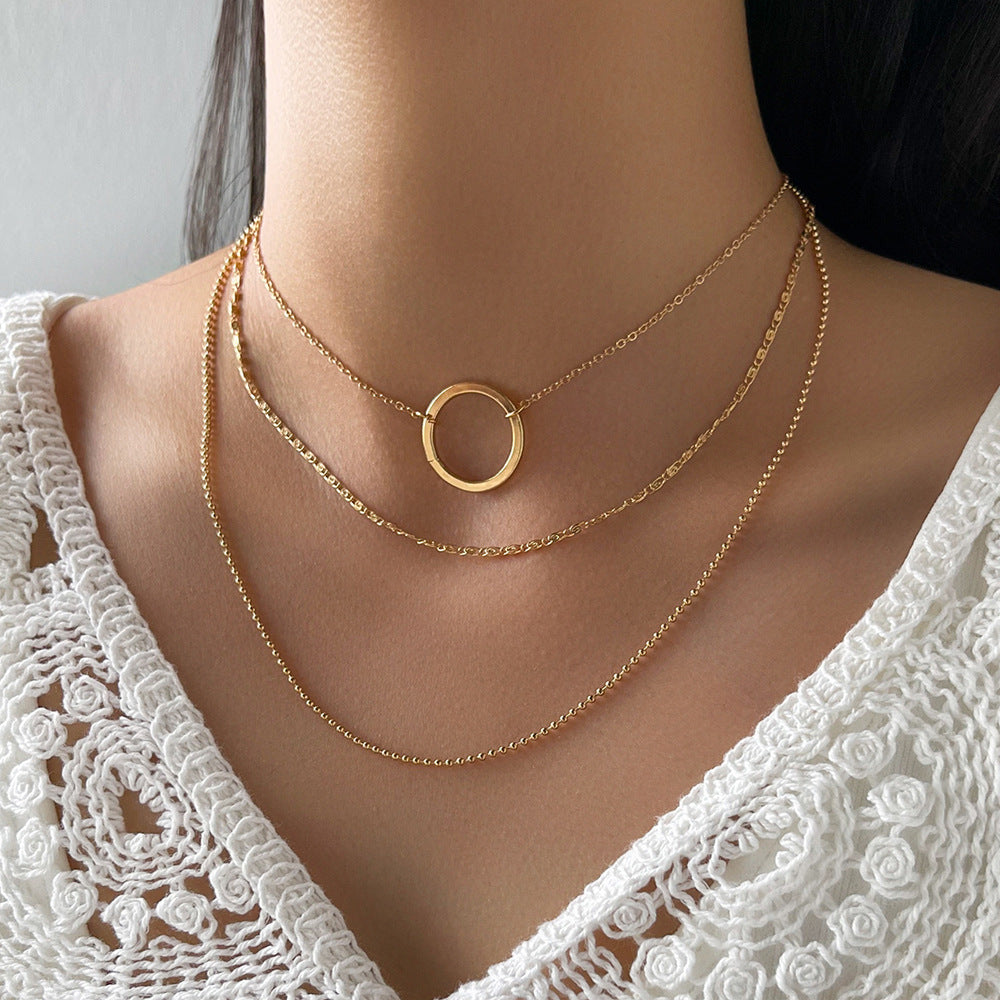 3-Layered Gold Necklace with Circle Necklace Clavicle Chain – Minimalist Dainty Jewelry For Women's