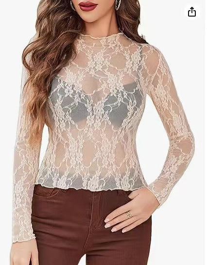 Mesh Top Long Sleeve Transparent Crop Top For Women's