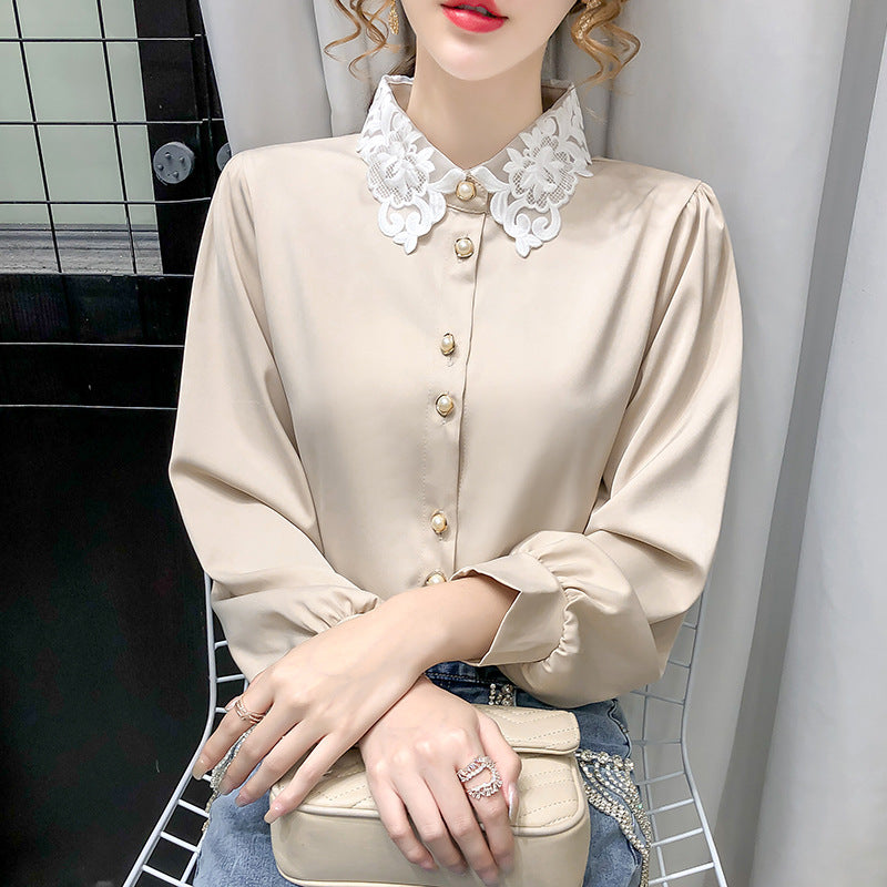 Elegant Lace Collar Button-Up Blouse | Long Sleeve Satin/Silk-Look Shirt Temperament Design Sense Stitching Top Western Style Korean Loose Shirt