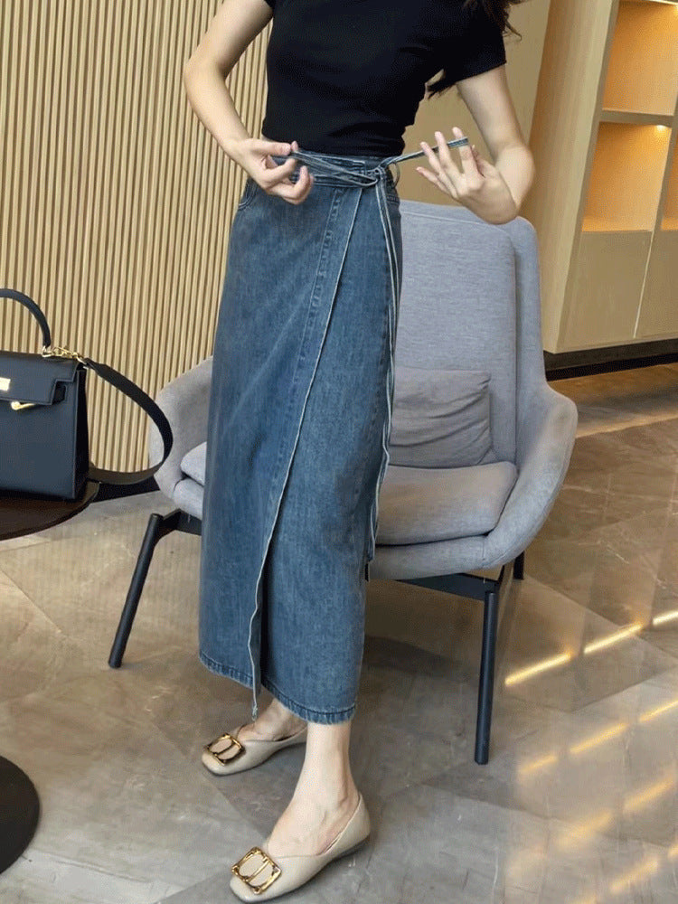 Retro High Waist Slit Blue Denim Skirt