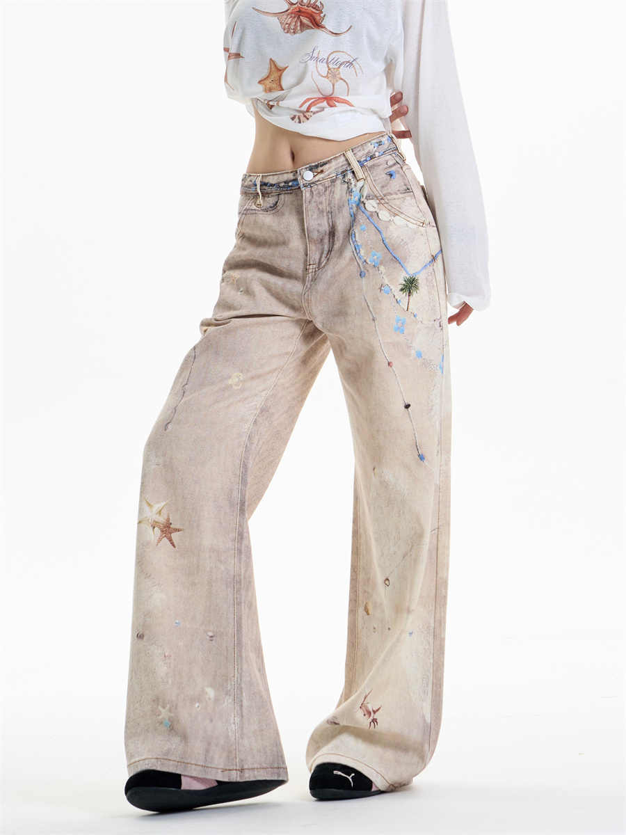 Retro Chain Print Worn Jeans Women's Straight Wide-leg Pants