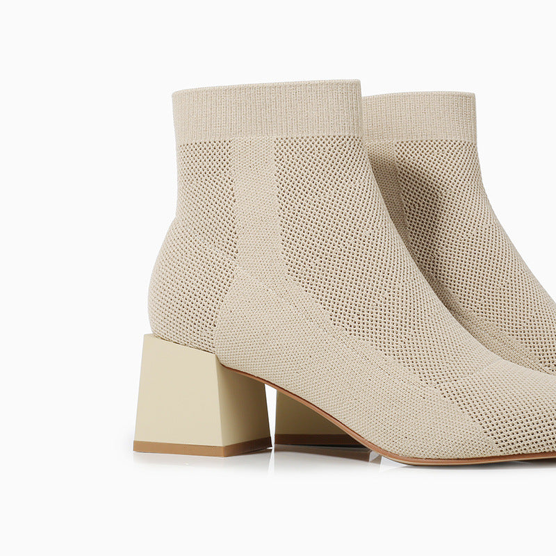 All-match Stretch Knitted High Heel Solid Color Chunky Heel Square Toe Boots Women