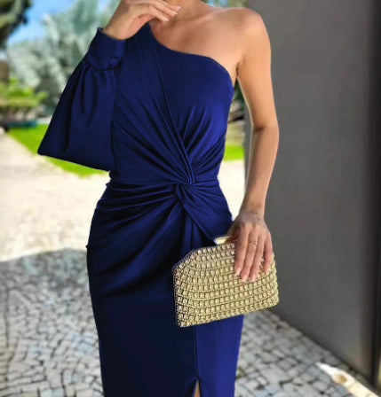 Diagonal Shoulder Knot Split Solid Color Slim Fit Dress