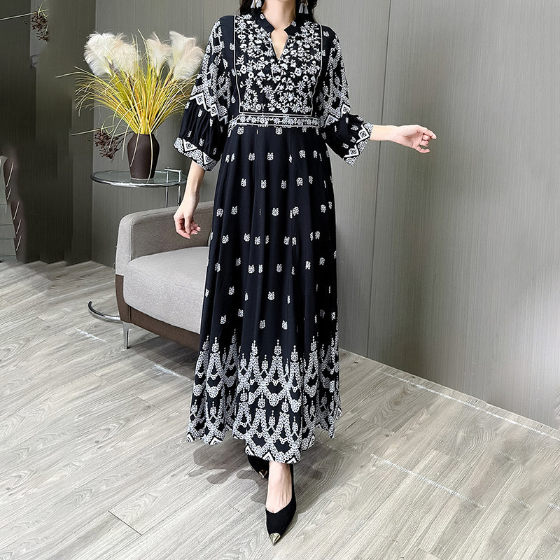 Bohemian Embroidery V-neck Dress, Elegant 3 4 Sleeve A-line Swing Maxi Dress