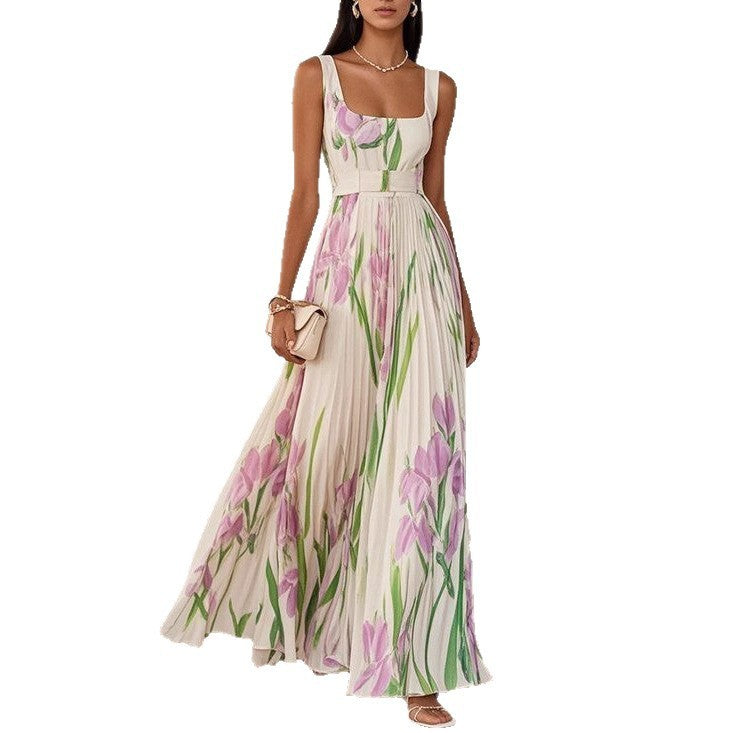 European And American Pleated Printing Dress For Women's