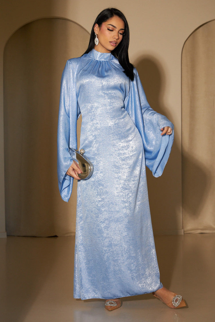 Elegant Metallic Shimmer Satin Maxi Dress Women's Fashion Stitching Dubai Turkey Elegant Dress