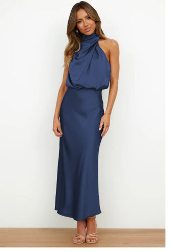 Solid Color High-grade Satin Elegant Dress For Women's